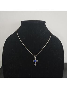 Vintage Sterling Silver Lapis Cross Necklace Blue Stone Pendant Ornate 925 Chain